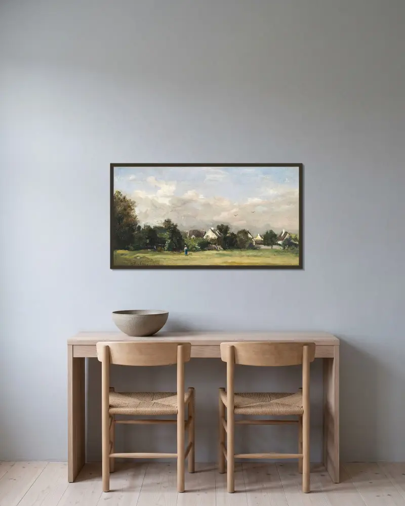 Bondkvinna nära en by av Charles François Daubigny inramad på en vägg