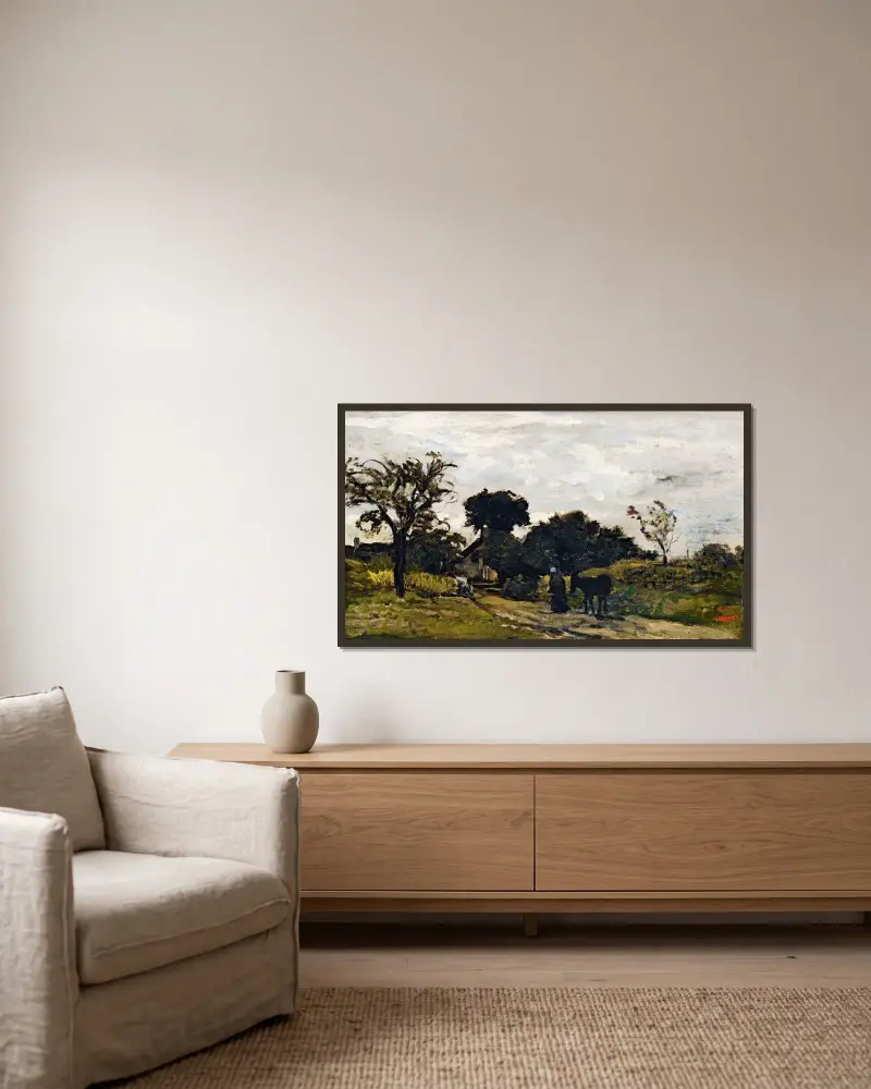 Bondkvinna på en stig av Charles François Daubigny inramad på en vägg