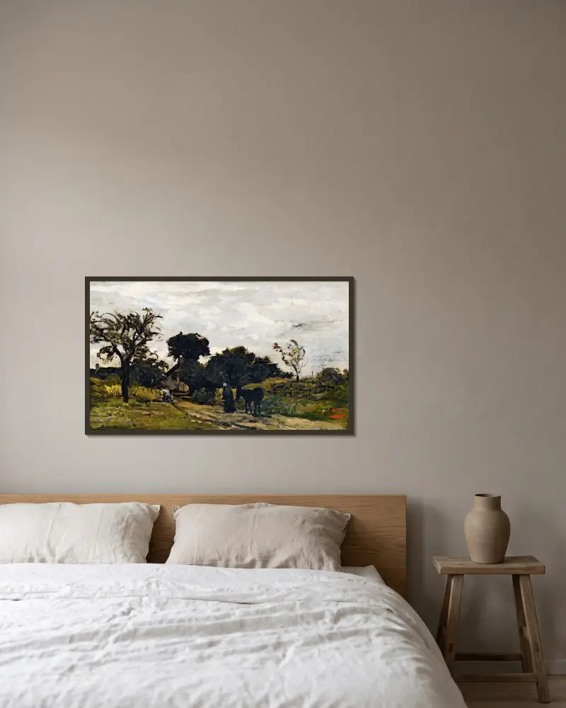 Bondkvinna på en stig av Charles François Daubigny inramad på en vägg