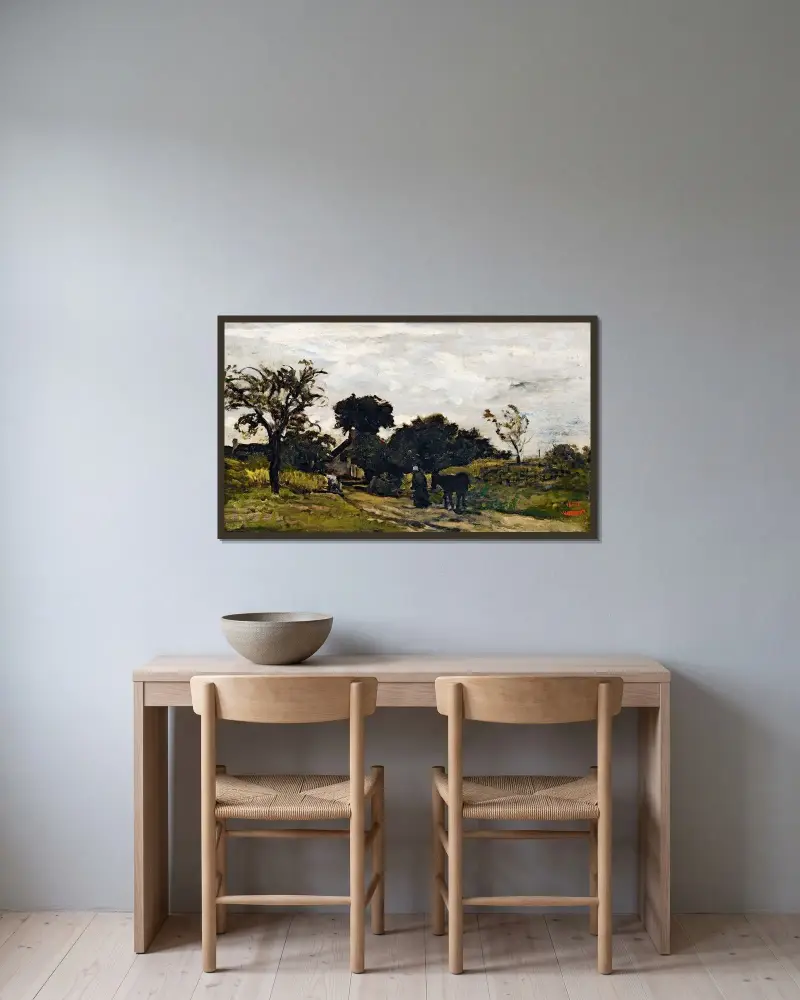 Bondkvinna på en stig av Charles François Daubigny inramad på en vägg
