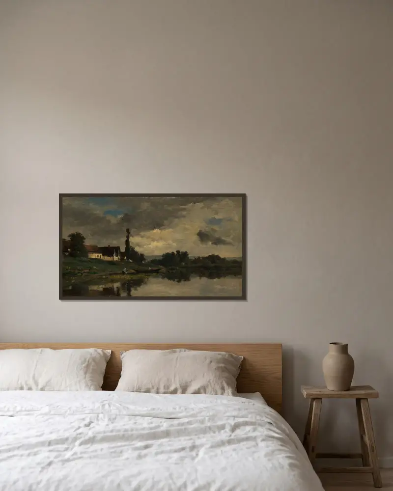 Portejoie vid Seine av Charles François Daubigny inramad på en vägg
