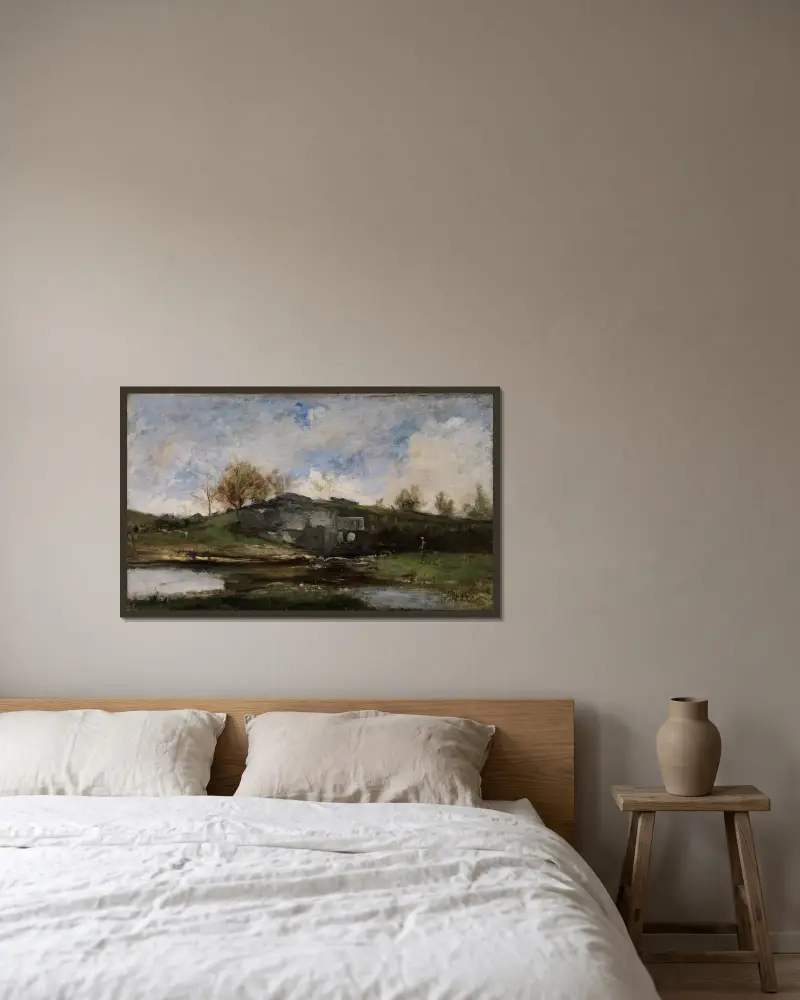 Sluss i Optevoz dal av Charles François Daubigny inramad på en vägg