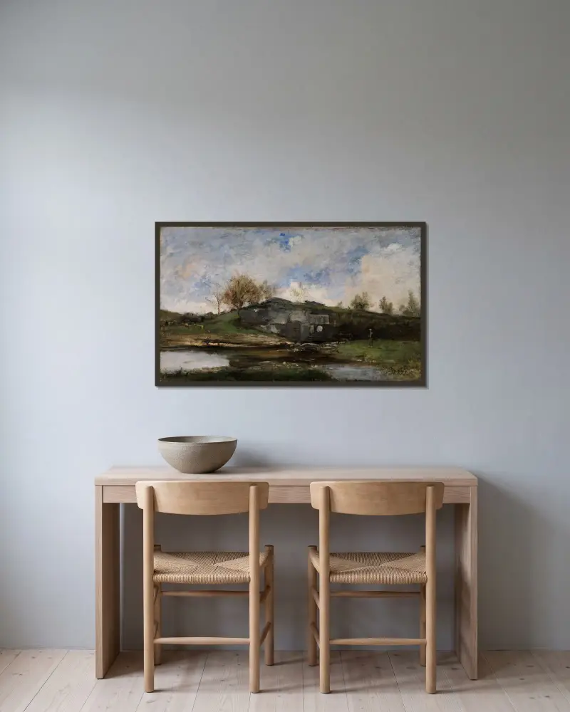 Sluss i Optevoz dal av Charles François Daubigny inramad på en vägg