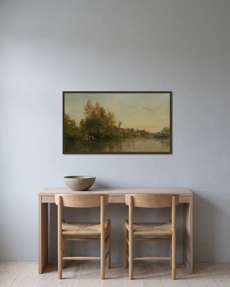 Oises strand av Charles François Daubigny inramad på en vägg
