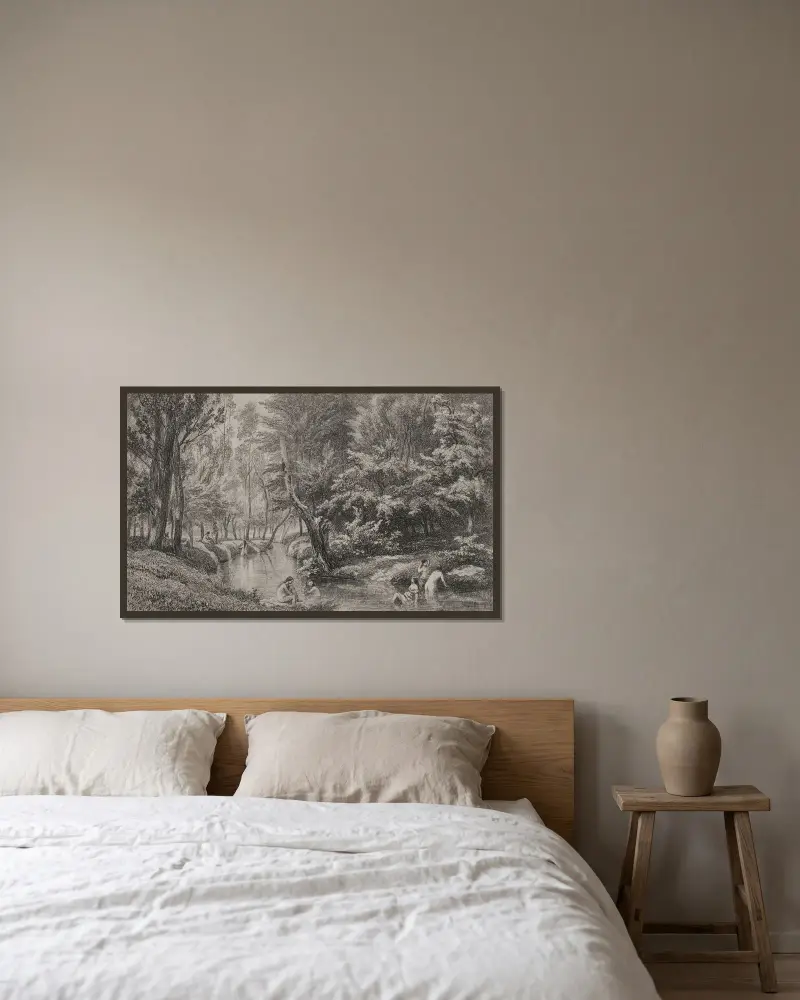 Die Badenden von Charles François Daubigny gerahmt an einer Wand