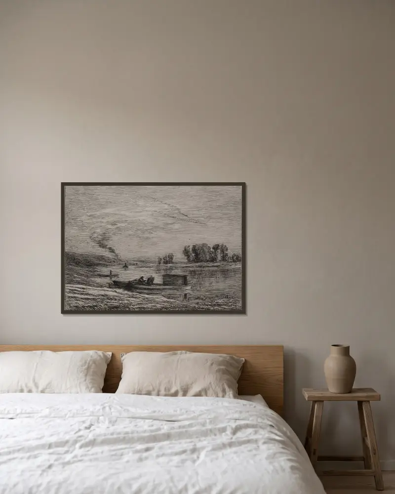Båten i Conflans av Charles François Daubigny inramad på en vägg