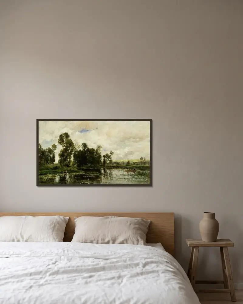 Vid dammens kant av Charles François Daubigny inramad på en vägg