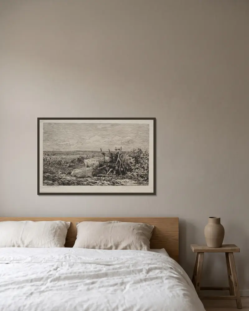 Vinskörden av Charles François Daubigny inramad på en vägg