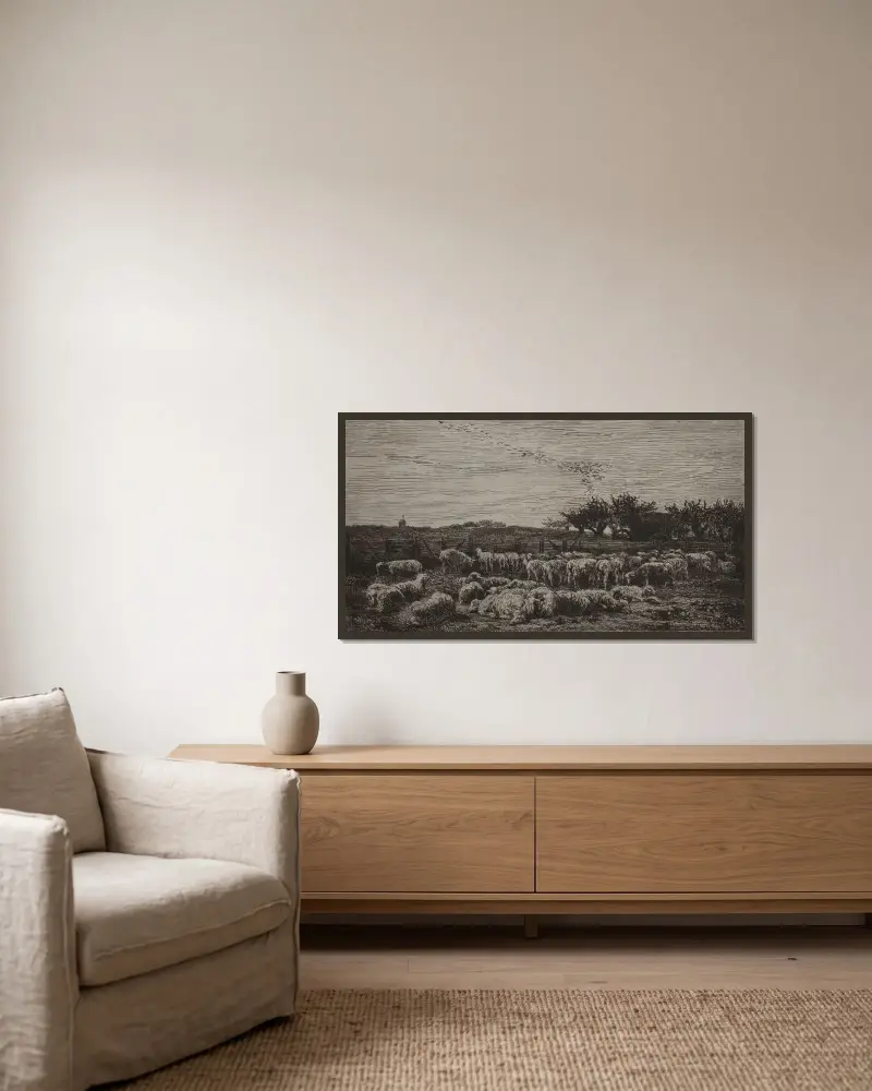 Der große Schafpferch von Charles François Daubigny gerahmt an einer Wand