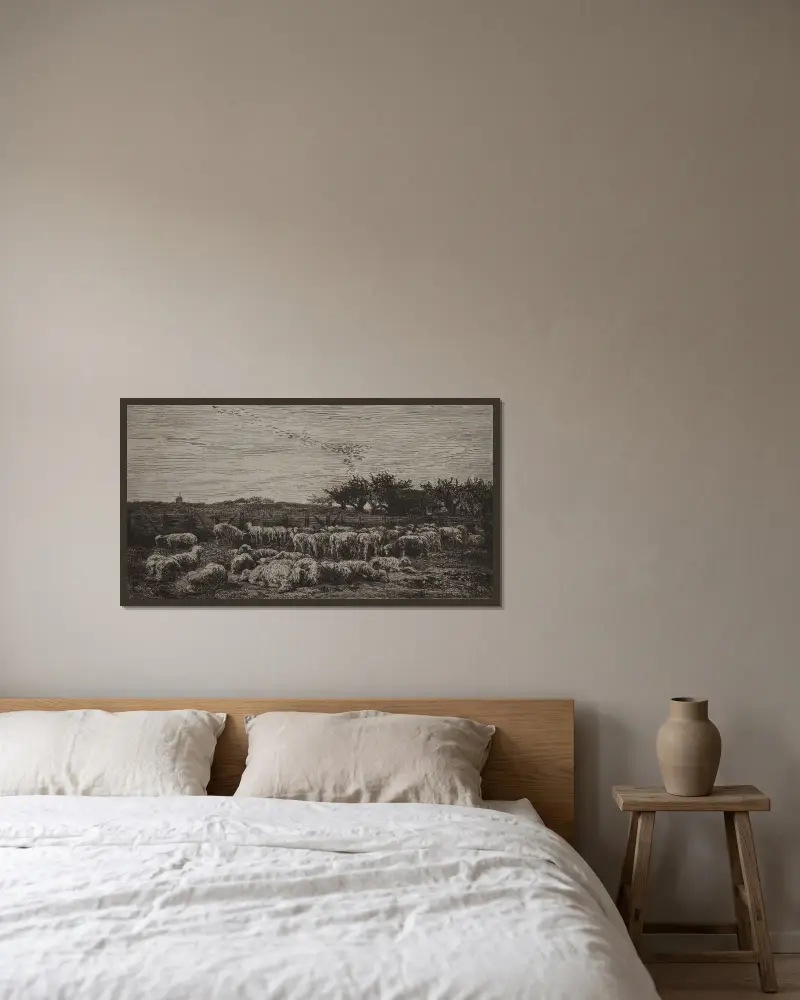 Der große Schafpferch von Charles François Daubigny gerahmt an einer Wand