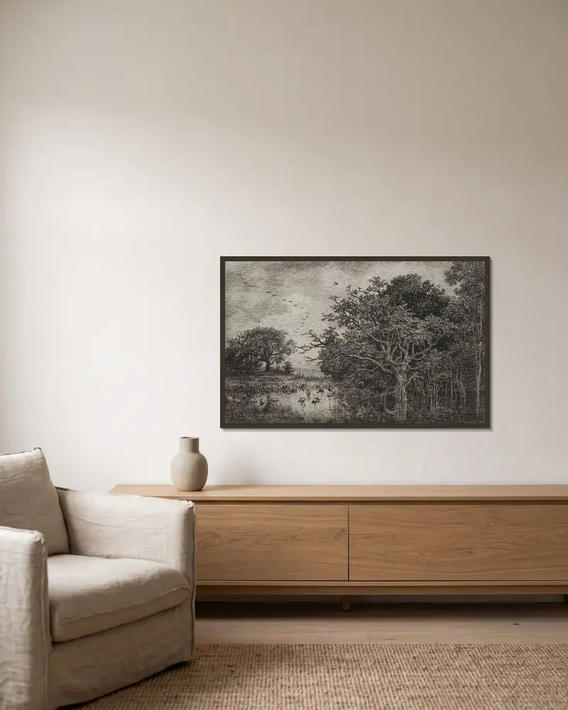 Der Sumpf mit Störchen von Charles François Daubigny gerahmt an einer Wand