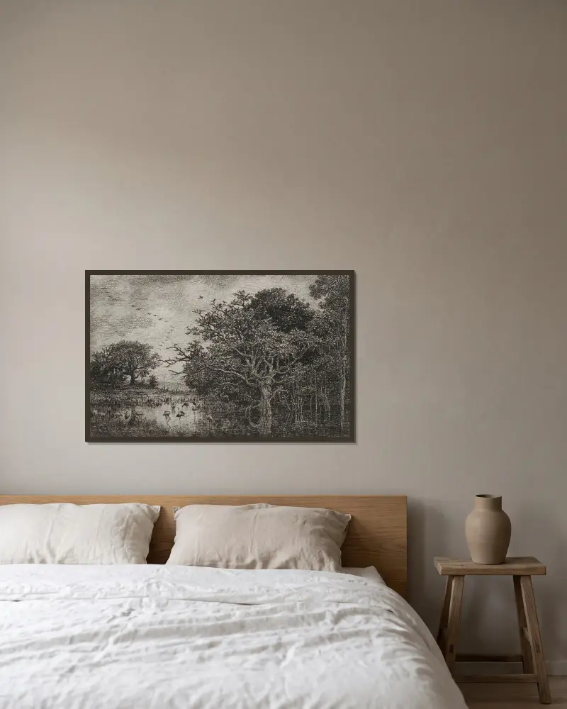 Der Sumpf mit Störchen von Charles François Daubigny gerahmt an einer Wand