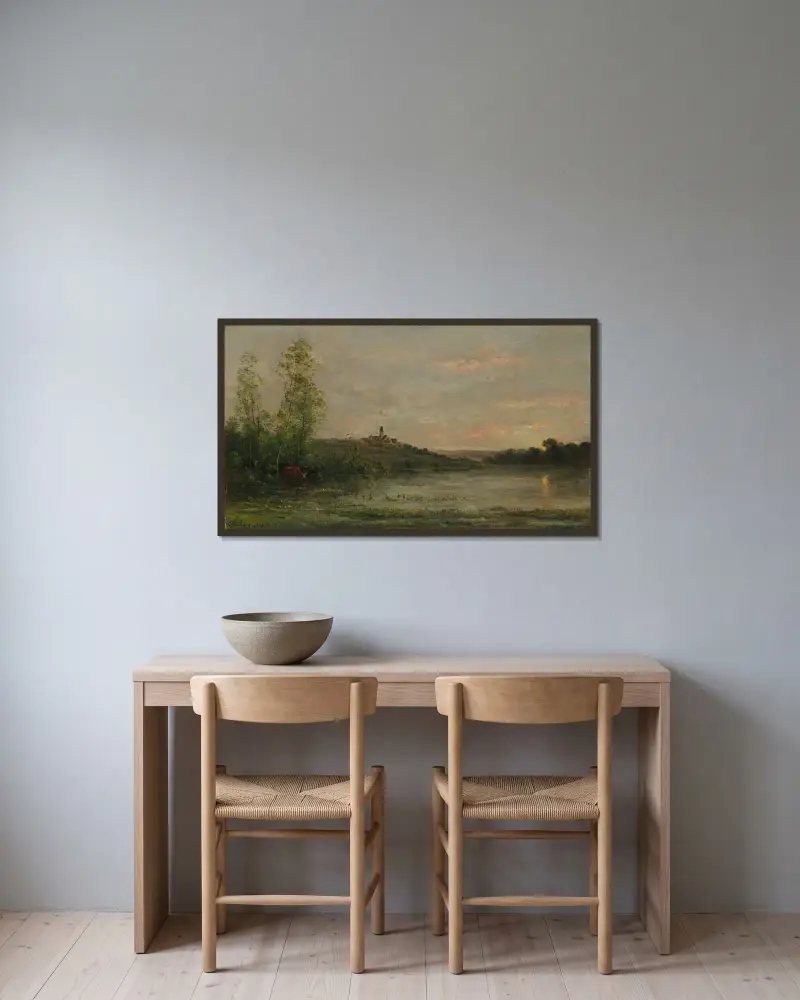 Seinen; morgon av Charles François Daubigny inramad på en vägg