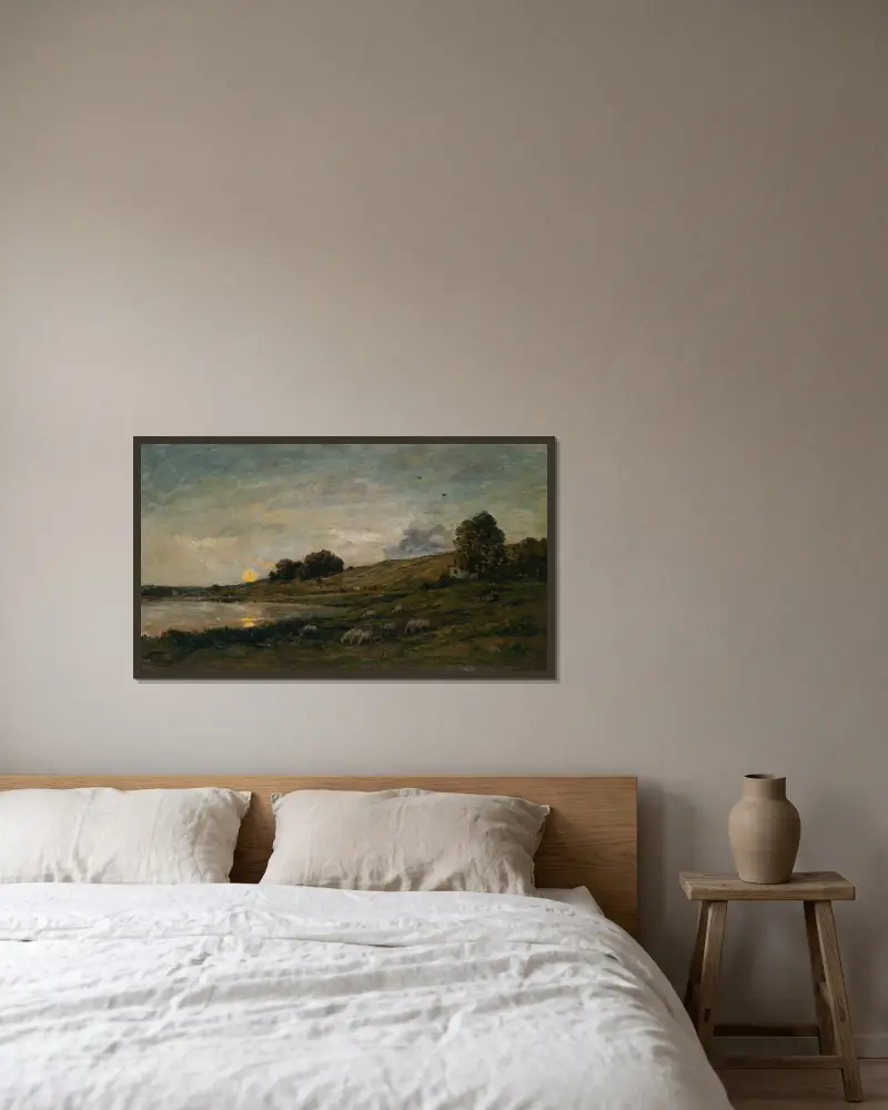 Fårflock vid flodstranden av Charles François Daubigny inramad på en vägg