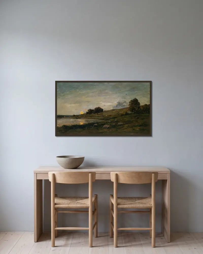 Fårflock vid flodstranden av Charles François Daubigny inramad på en vägg