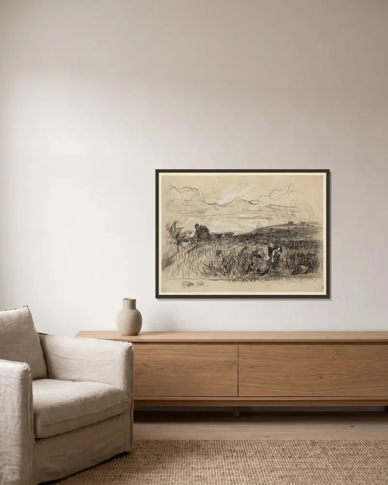 Vinskörd i Bourgogne av Charles François Daubigny inramad på en vägg