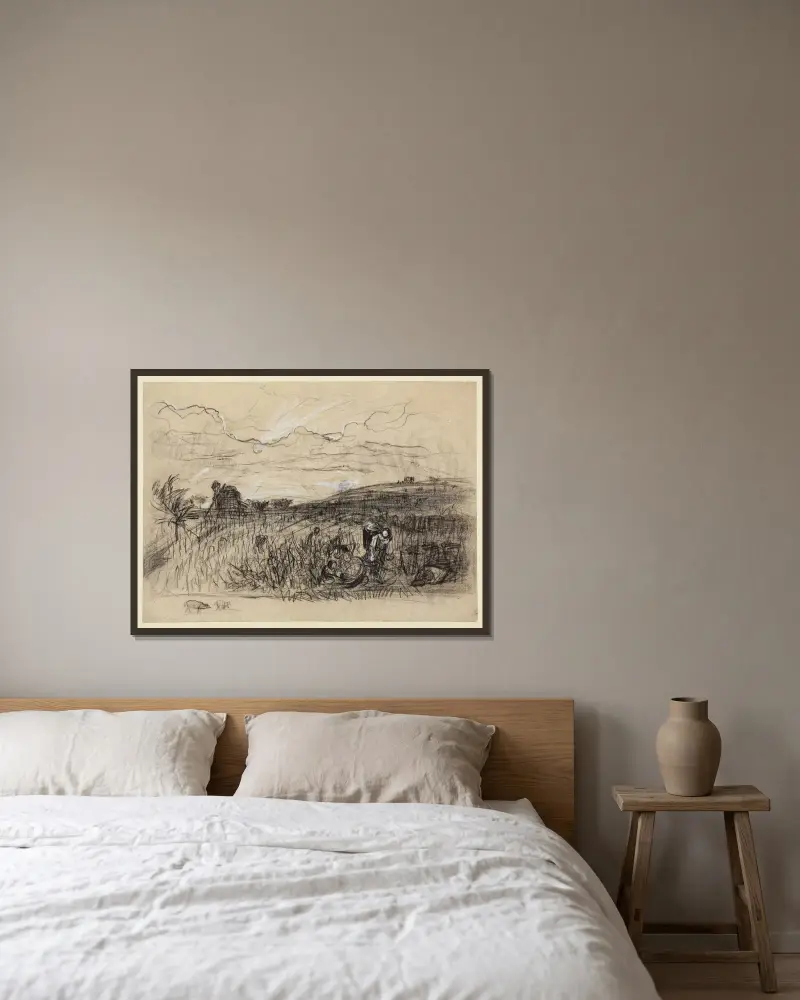 Vinskörd i Bourgogne av Charles François Daubigny inramad på en vägg