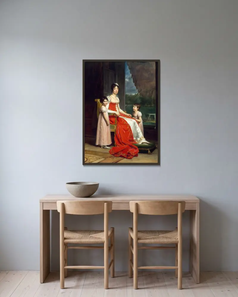 Julie Bonaparte als Königin von Spanien mit ihren Töchtern Zénaïde und Charlotte von François Gérard gerahmt an einer Wand