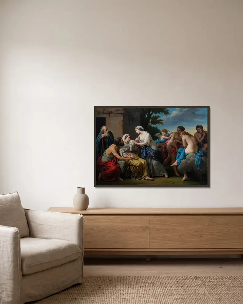 Die Freundschaft tröstet das Alter über den Verlust der Schönheit und das Dahinscheiden der Freuden von Louis-Jean-François Lagrenée gerahmt an einer Wand