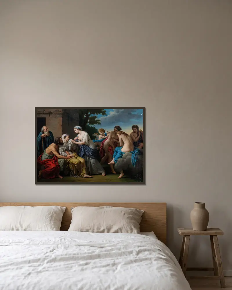 Die Freundschaft tröstet das Alter über den Verlust der Schönheit und das Dahinscheiden der Freuden von Louis-Jean-François Lagrenée gerahmt an einer Wand