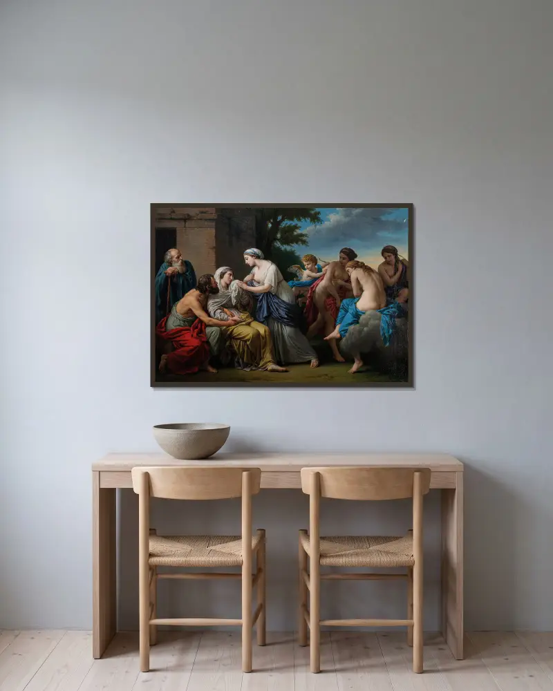 Die Freundschaft tröstet das Alter über den Verlust der Schönheit und das Dahinscheiden der Freuden von Louis-Jean-François Lagrenée gerahmt an einer Wand