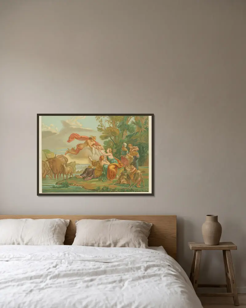 Mercure apportant Jupiter aux nymphes Melisses av Louis-Jean-François Lagrenée inramad på en vägg