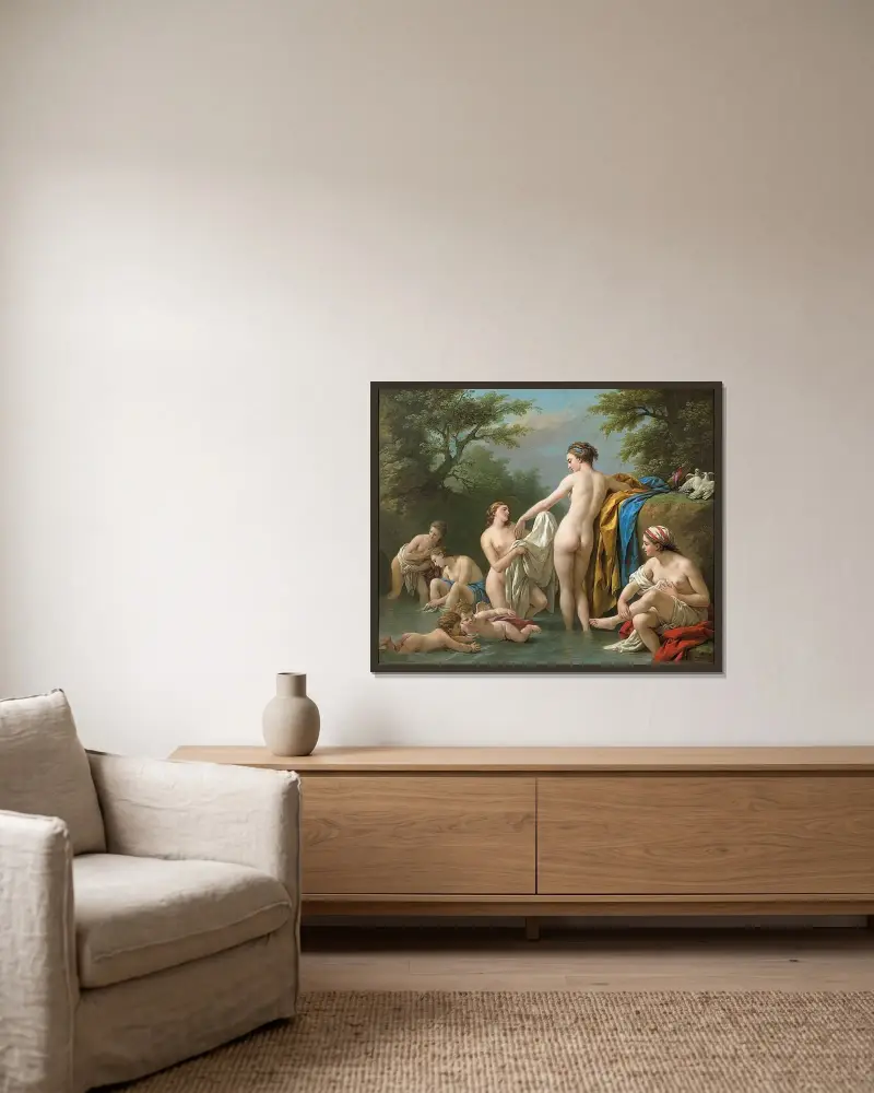 Venus und Nymphen beim Baden von Louis-Jean-François Lagrenée gerahmt an einer Wand