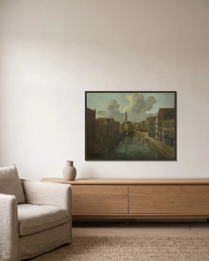 The Spiegelrei in Bruges av Pierre Francois Ledoulx inramad på en vägg