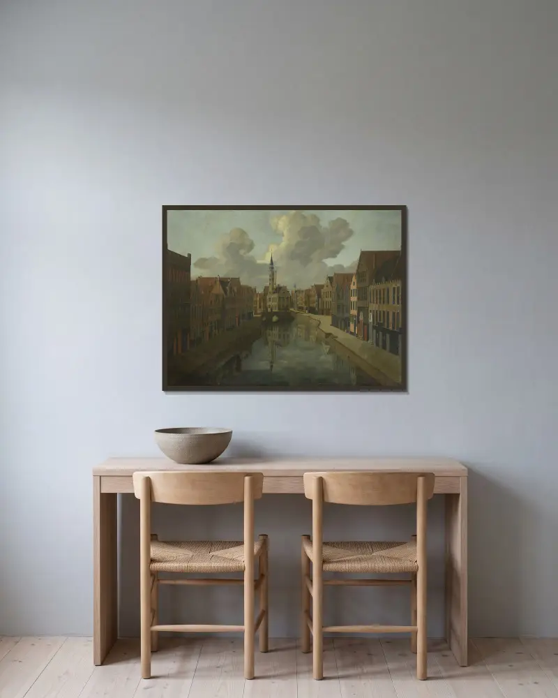 The Spiegelrei in Bruges av Pierre Francois Ledoulx inramad på en vägg