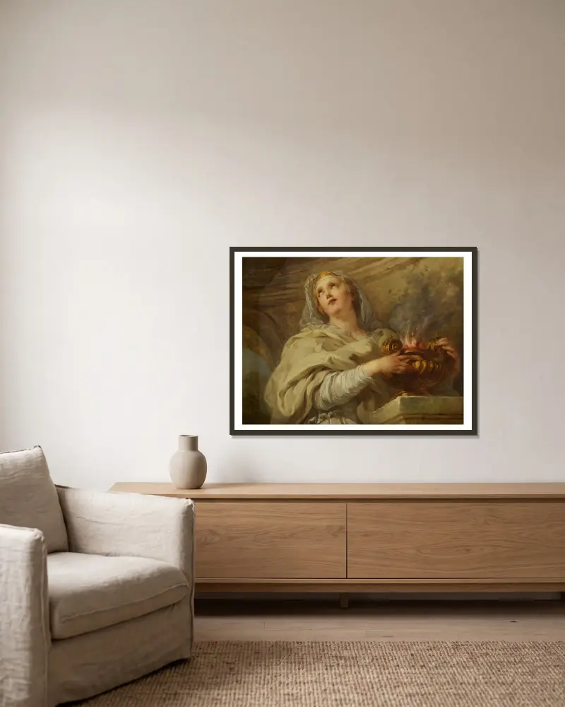 A Vestal Virgin Tending Fire av François Lemoyne inramad på en vägg