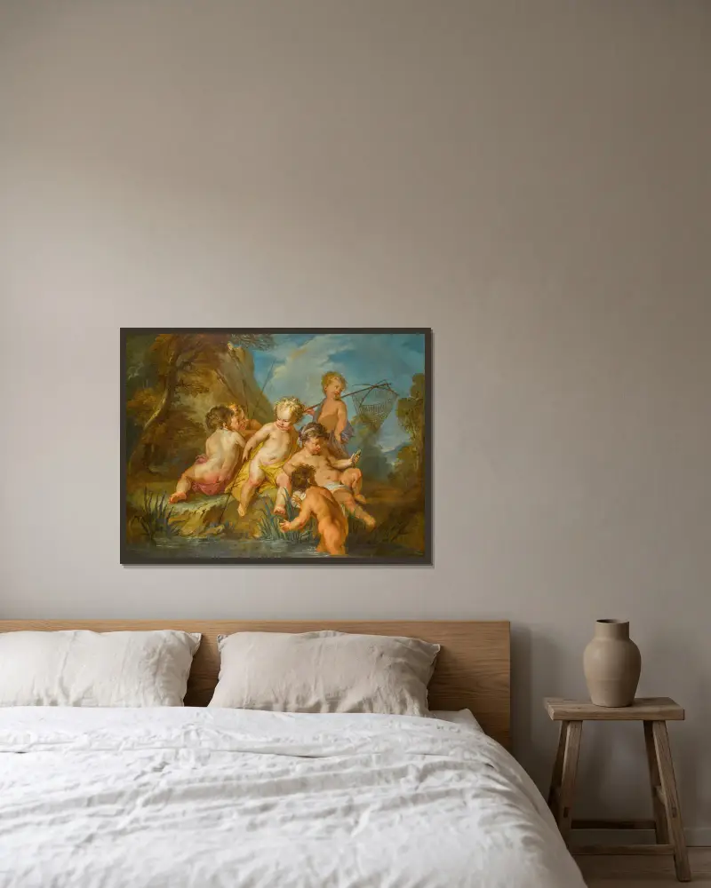 Les Amours Pêcheurs (Die Liebe beim Fischen) von François Lemoyne gerahmt an einer Wand