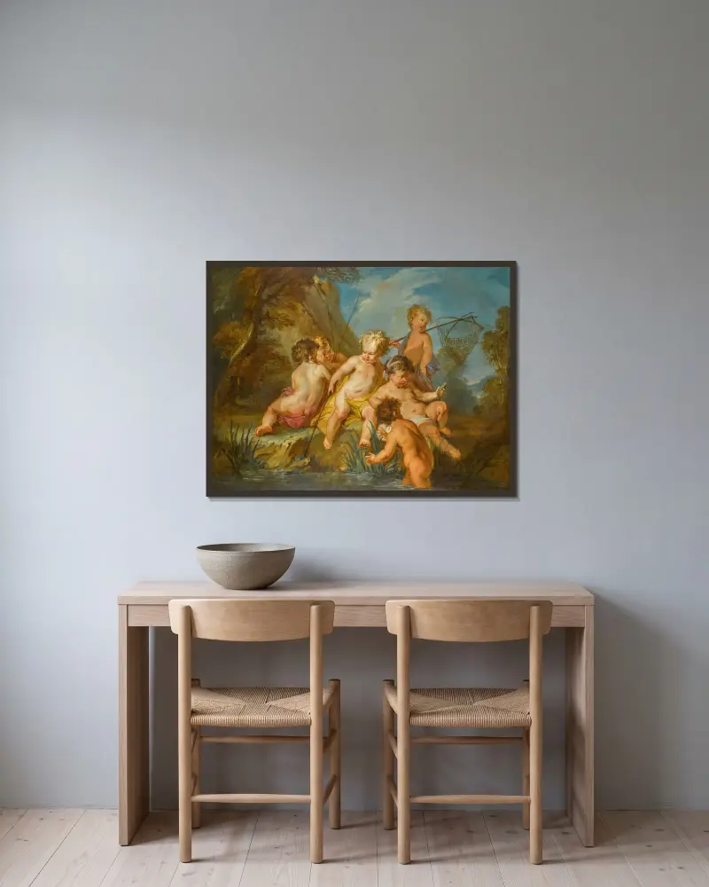 Les Amours Pêcheurs (Die Liebe beim Fischen) von François Lemoyne gerahmt an einer Wand