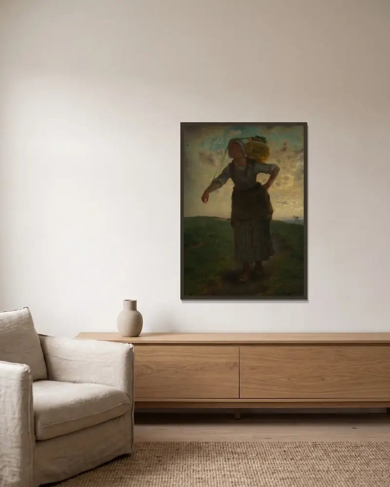 A Norman Milkmaid at Gréville av Jean-François Millet inramad på en vägg