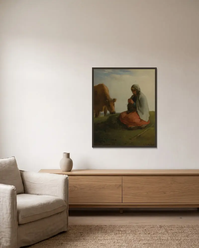 Eine Hirtin, die strickt von Jean-François Millet gerahmt an einer Wand