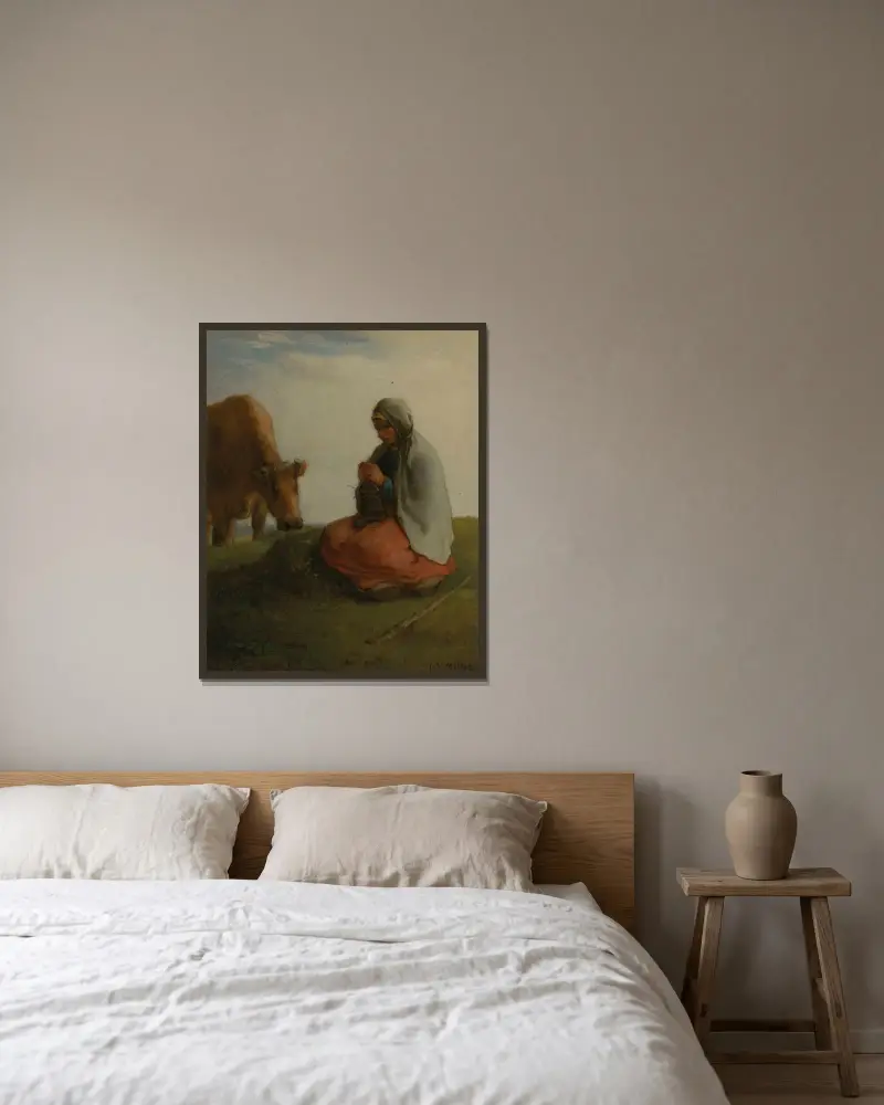 Eine Hirtin, die strickt von Jean-François Millet gerahmt an einer Wand