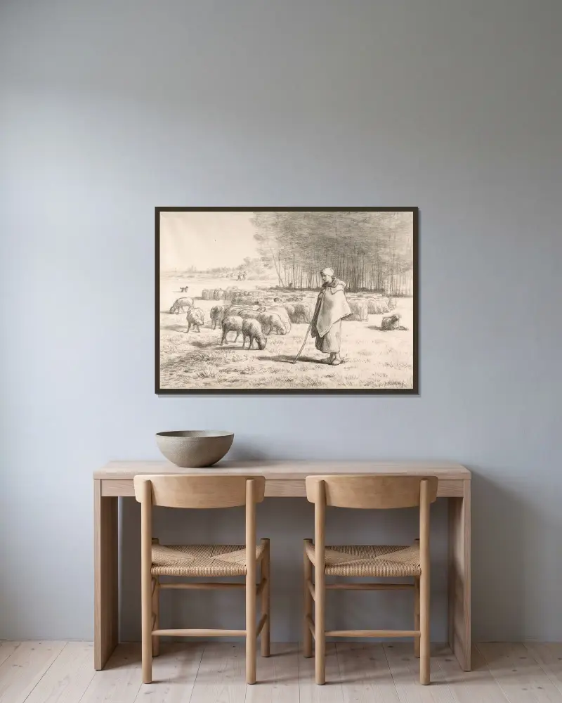 Eine Hirtin mit ihrer Herde von Jean-François Millet gerahmt an einer Wand