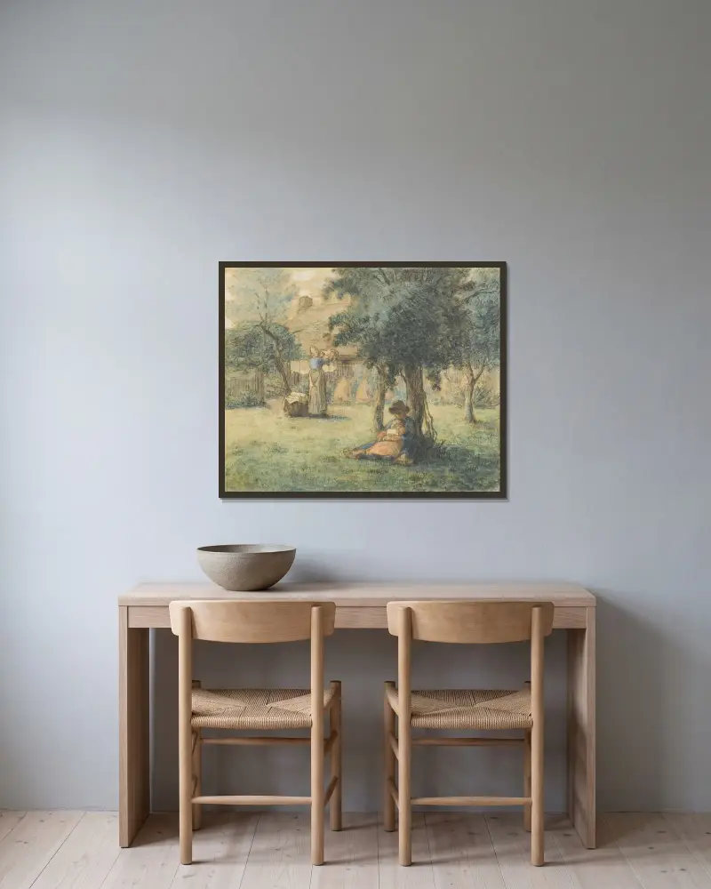 Femme étendant son linge av Jean-François Millet inramad på en vägg