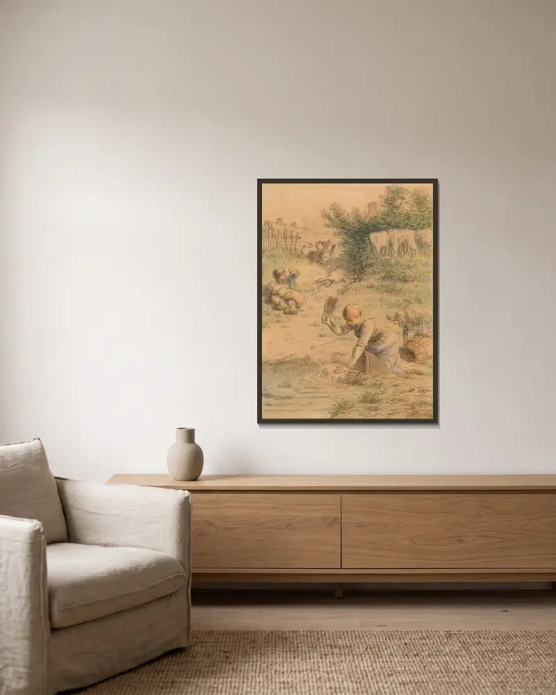 Die Wäscherin von Jean-François Millet gerahmt an einer Wand