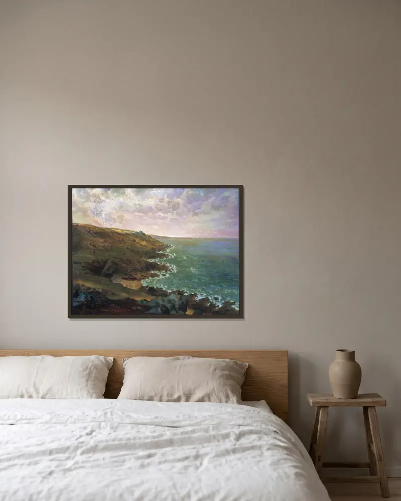 Les falaises de Gréville (The Cliffs of Gréville) av Jean-François Millet inramad på en vägg