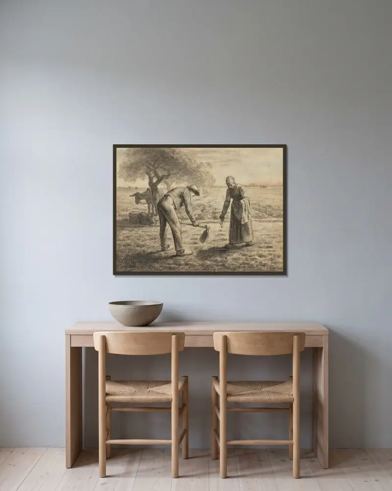 Les planteurs de pommes de terre av Jean-François Millet inramad på en vägg