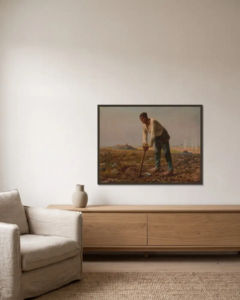 Muž s motykou, Nr. 1, Jean-François Millet v rámu na stěně