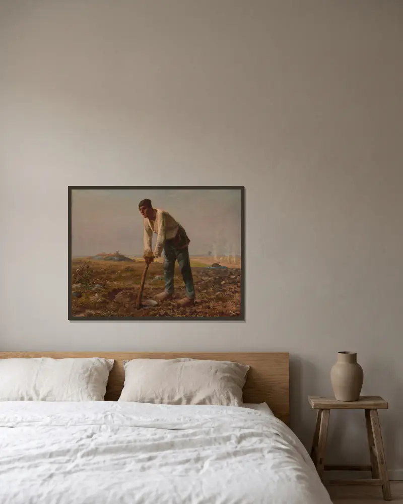 Muž s motykou, Nr. 1, Jean-François Millet v rámu na stěně
