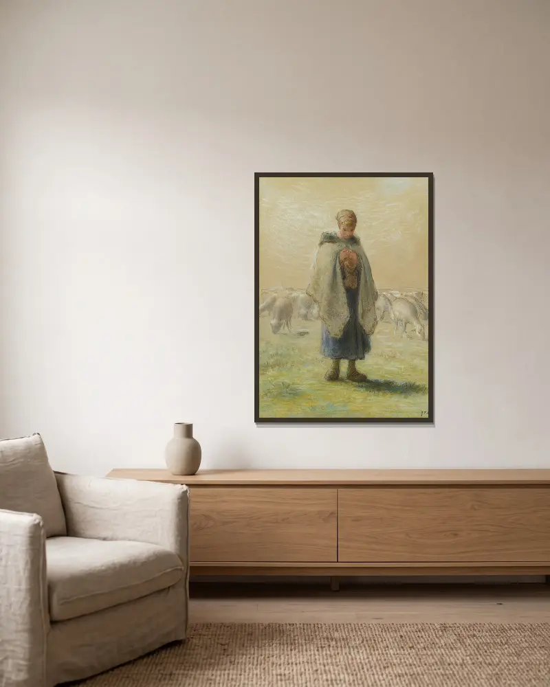 Petite bergère tricotant av Jean-François Millet inramad på en vägg