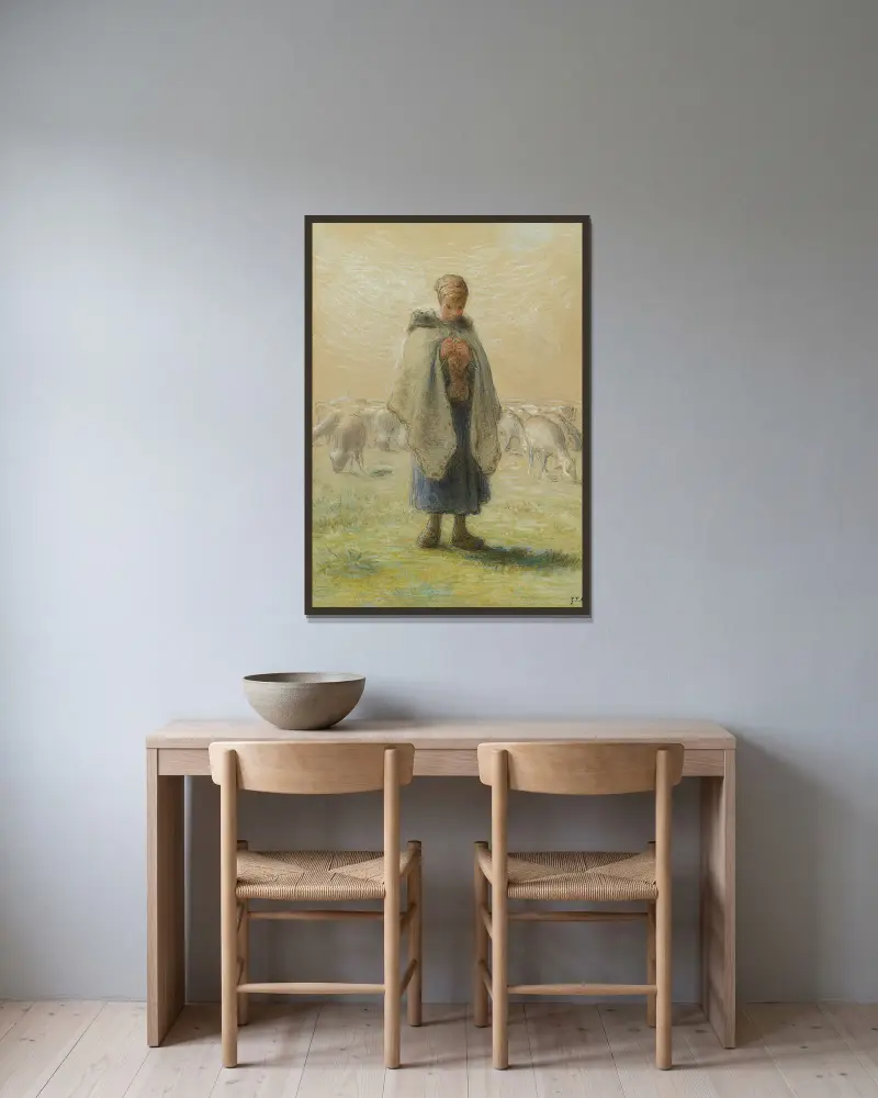 Petite bergère tricotant av Jean-François Millet inramad på en vägg