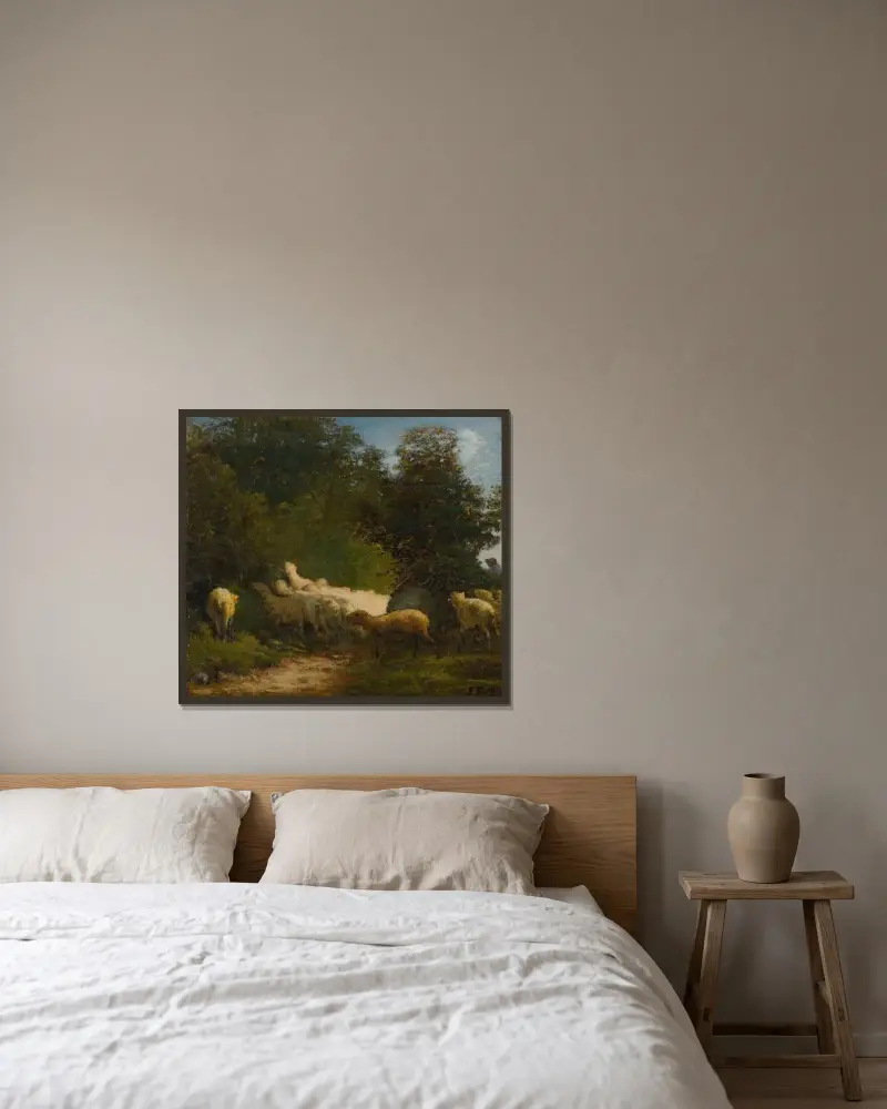 Sheep Grazing Along A Hedgerow av Jean-François Millet inramad på en vägg