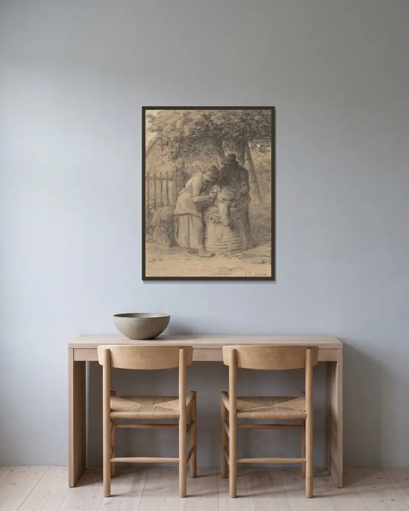 Stříhání ovcí pod stromem, Jean-François Millet v rámu na stěně