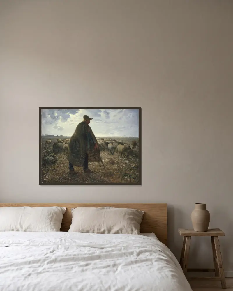 Shepherd Tending His Flock av Jean-François Millet inramad på en vägg