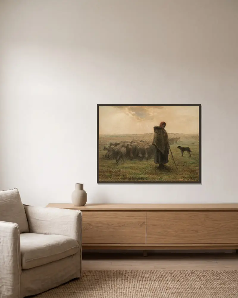 Schäferin und ihre Herde von Jean-François Millet gerahmt an einer Wand