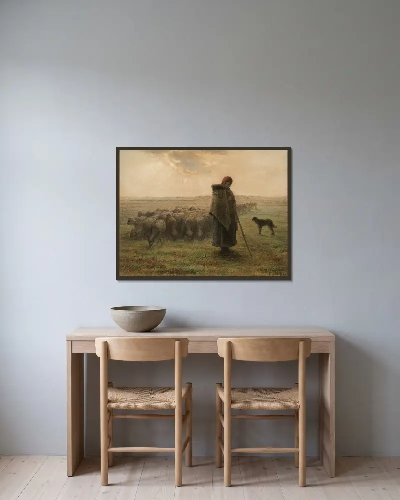Schäferin und ihre Herde von Jean-François Millet gerahmt an einer Wand