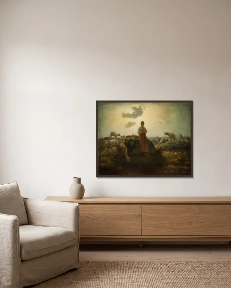 The Keeper of the Herd av Jean-François Millet inramad på en vägg